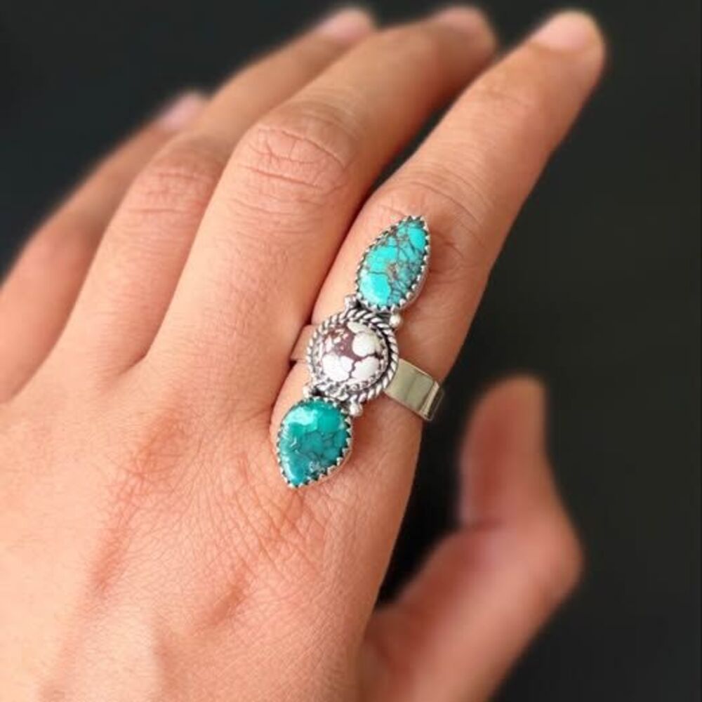 Blue and Wild Horse Turquoise Sterling Silver Ring — Adjustable 7–8.5